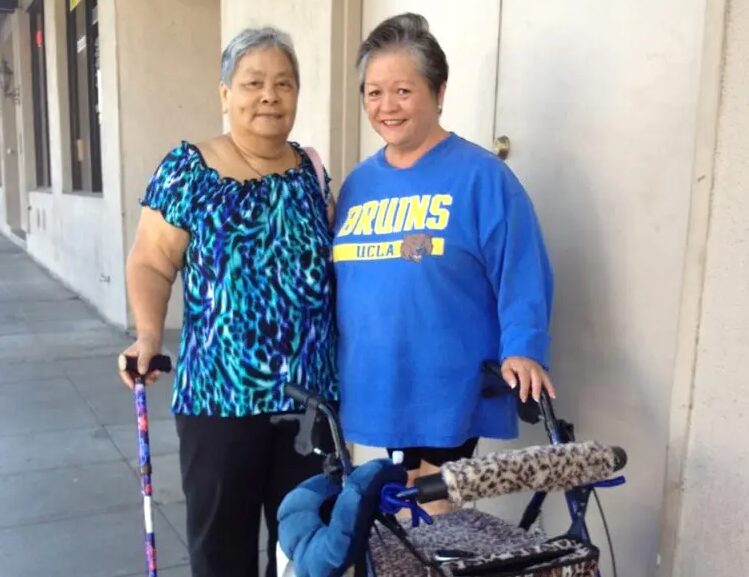 two women with colorful cane and rollator; diverse customizable mobility aids