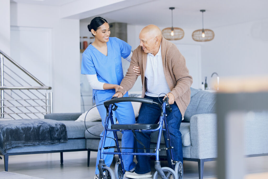 An assisted living caregiver reducing falls in the elderly client with rollator walker