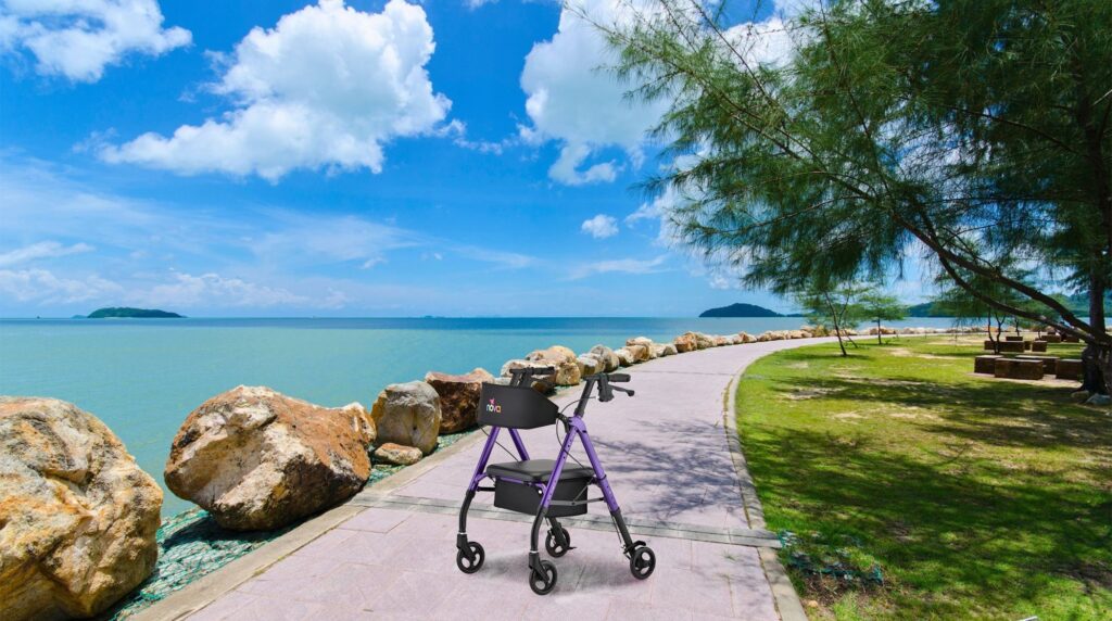 stylized image of the NOVA STAR 6 rollator walker in purple, against a tropical seaside background