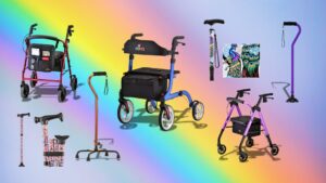 stylized image of NOVA canes and walkers in assorted sizes and colors, ranging from red and gold to blue and purple with a few patterned folding canes, against a rainbow background