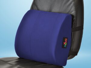 one example of a NOVA seat and back cushion, specifically the lumbar cushion in royal blue with a colorful NOVA branded tag, pictured on a black computer chair